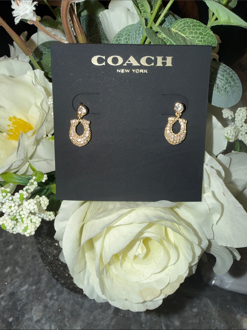 COACH Gold Crystal Horseshoe Stud Earrings
